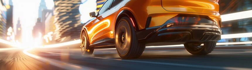 Fototapeta premium Sleek Orange Car in Motion on Urban Street at Sunset