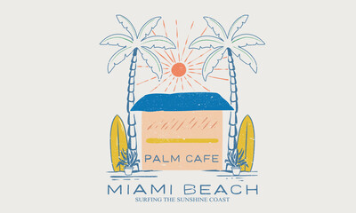 Palm cafe. Beach eco cafe artwork. Summer vibes artwork. Sunshine paradise graphic print design. Surf club design. Beach modern abstract art.