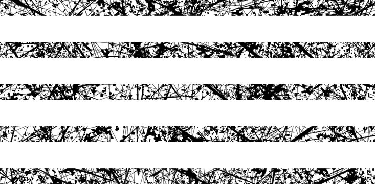 Grunge textured line or border edges set, black messy scratches or blots isolated on white. Vector clipart for aged, damaged or rubbed or distressed, grimy with paint or ink effect, creative design.