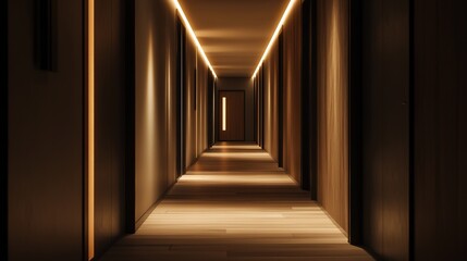 Long corridor in modern office area, well-lit hallway with soft ambient lighting and contemporary design