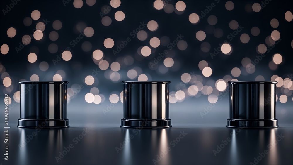 Poster three glossy containers on a reflective surface with a soft bokeh background illuminated by gentle l