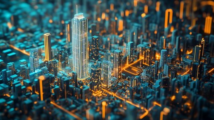 Digital Neon Smart City with Futuristic Skyscrapers and Glowing Infrastructure