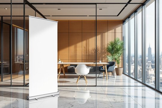 Blank roll-up banner stand in modern office interior with glass walls, wooden panels, and city view. Bright lighting and clean design. Ai generative