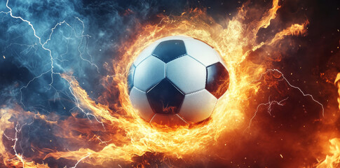 Fototapeta premium Soccer ball engulfed in fire and lightning energy