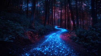 Obraz premium Enchanted forest path illuminated by sparkling blue light during twilight hours