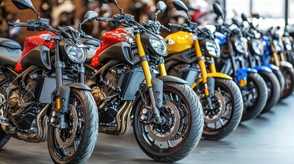 Obraz premium Sleek Motorcycles in a Showroom: A Showcase of High-Performance Bikes