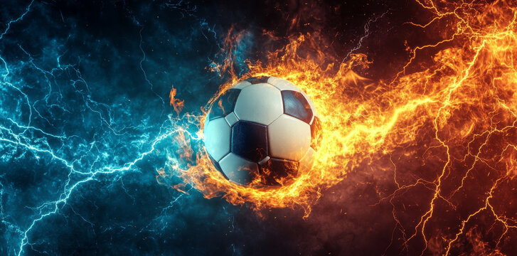 Soccer ball engulfed in fire and lightning energy