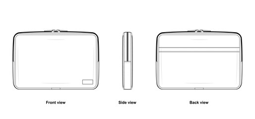 Laptop and Tablet Sleeve Technical Fashion Illustration. Protective Case Vector Template. Front, Side, and Back View. Slim Design. Zipper Closure. CAD Mockup Set.