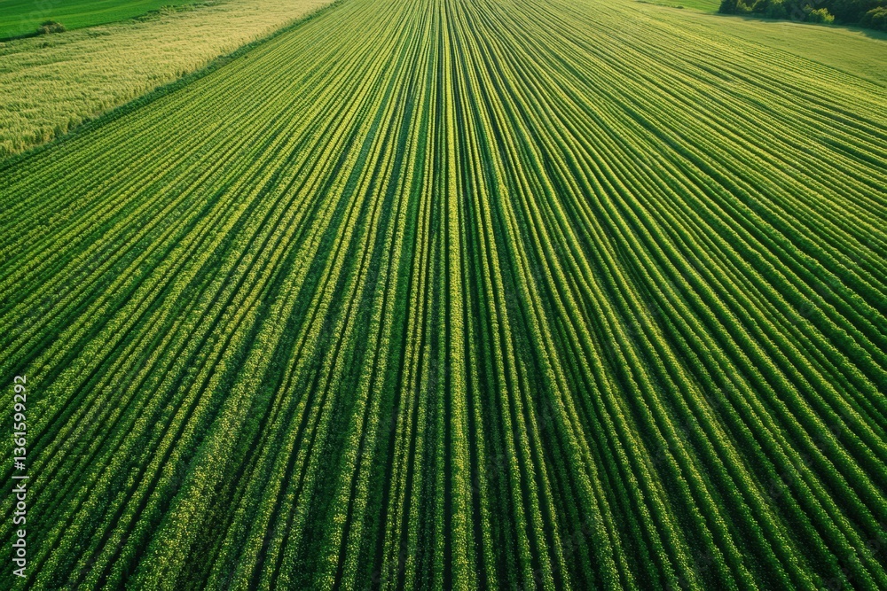 Poster Minimalist aerial view of green crop rows creating symmetry in natures landscape during soft lighting conditions Generative AI