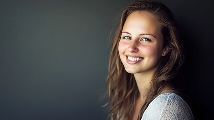 Warm Smile of a Beautiful Woman in Soft Light, Radiating Joy and Serenity