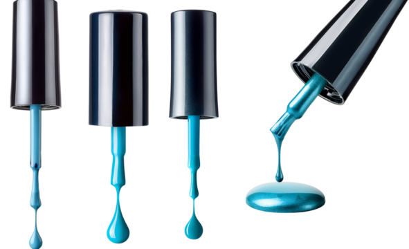 Bright blue nail polish being applied to a tray in a beauty environment.