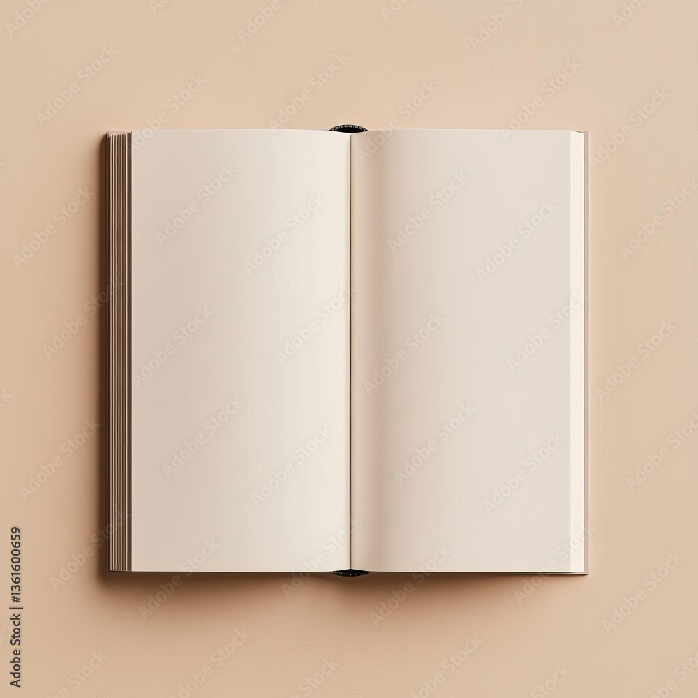 Poster an open blank book spread on a minimalist background for creative projects.