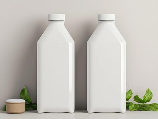 Two empty milk cartons with fresh leaves, perfect for a minimalist kitchen ambiance.
