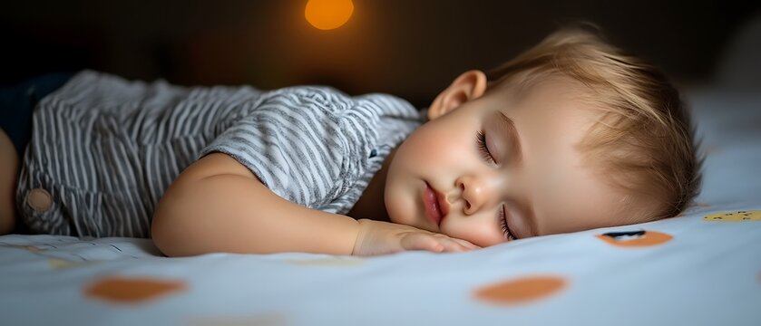 A young baby is sleeping peacefully on a patterned bed
