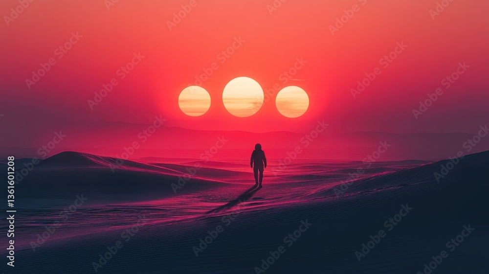 Poster astronaut walks on a distant planet under multiple suns during a stunning sunset with a surreal land