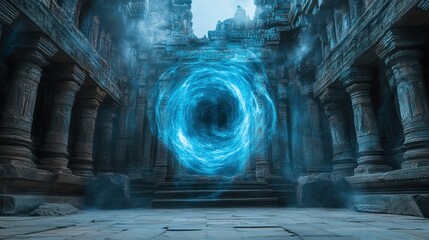 Fototapeta premium Mysterious swirling portal in ancient temple ruins surrounded by stone pillars at dusk creating an enchanting atmosphere