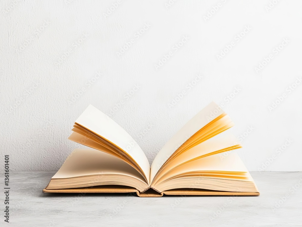 Poster an open blank book on a clean surface ready for notes or sketches.