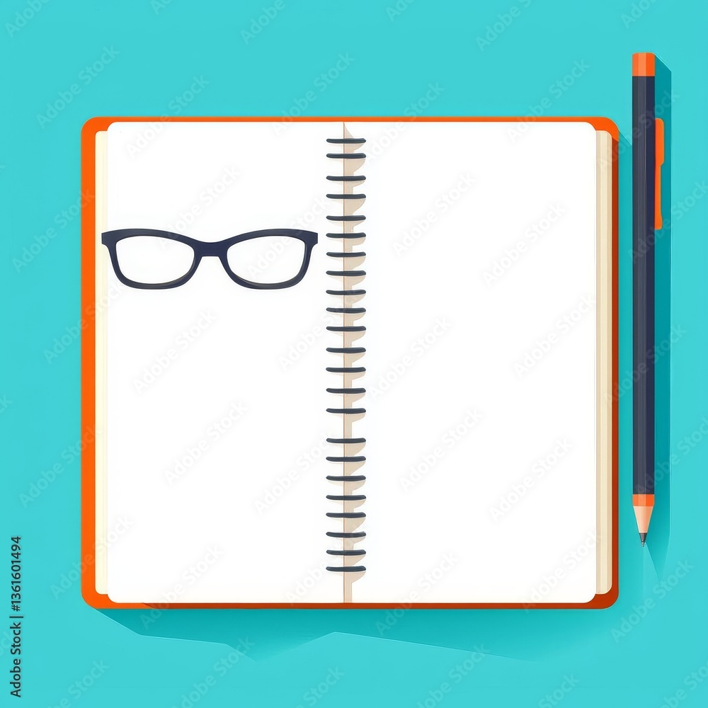 Poster an open notebook with glasses and a pencil on a colorful background for creative ideas.