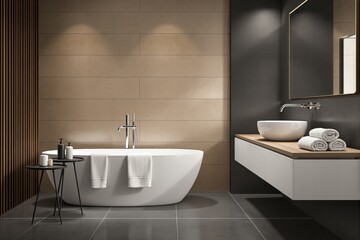Fototapeta premium Elegant modern bathroom interior with freestanding bathtub, wooden accents, and stylish vanity with vessel sink, featuring soft lighting and neutral tones. Ai generative