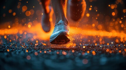 Person running with visible athletic shoes and glowing visual effects