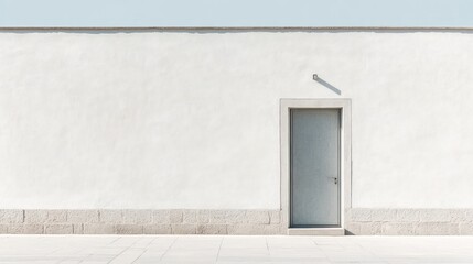 Exterior white wall with door, sunny day