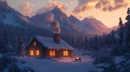 Fototapeta premium Cozy cabin in snowy mountains at sunset with smoke rising from chimney and warm lights glowing from windows