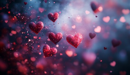 Obraz premium A beautiful display of sparkling red hearts in a dreamy atmosphere.