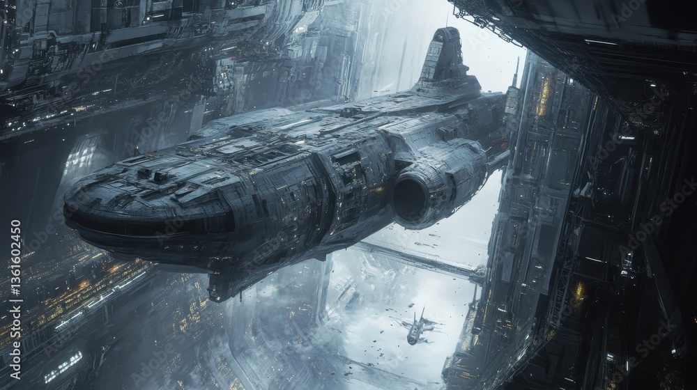 Poster spaceship approaching dark futuristic structure in a misty sci-fi environment during daylight