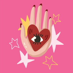 Hand Holding Heart with Eye and Stars