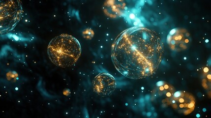 Naklejka premium Abstract cosmic spheres glow in a dark nebulous space of light and color