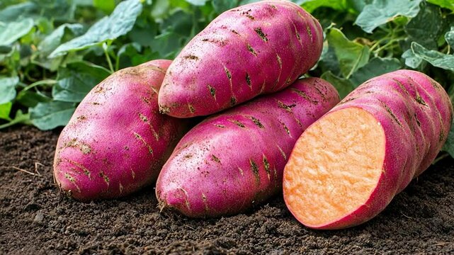 Fresh Sweet Potatoes Discover Vibrant Purple Skin and Orange Flesh in Rich Soil Surrounded by Lush Green Leaves