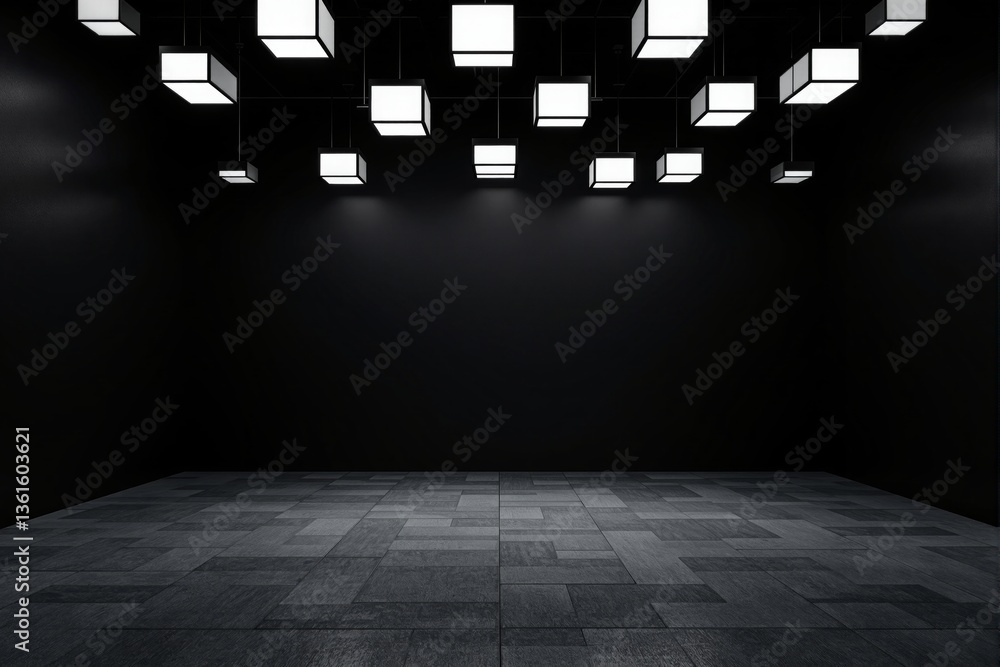 Poster minimalist modern interior with floating cube lights on a dark background. stylish geometric lightin