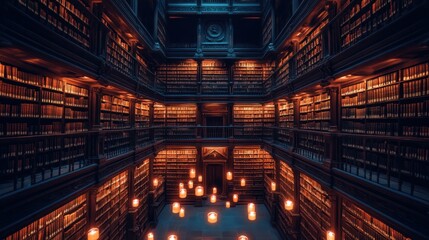 Obraz premium Mysterious library filled with candles and ancient books in an enchanting, dimly lit atmosphere