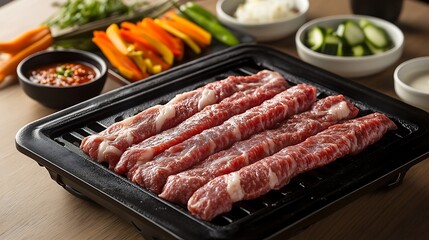 Fototapeta premium Freshly Prepared Ribs Grilling Alongside Various Vegetable Dishes