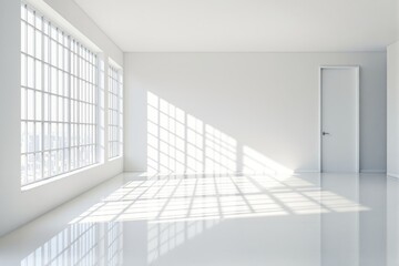Fototapeta premium Bright minimalist interior with large windows and sunlight reflections on a glossy floor. White walls and modern design create a spacious atmosphere. Ai generative