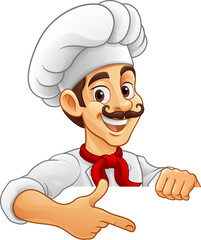 A chef, baker or cook cartoon mascot man peeking around a sign and pointing at it.
