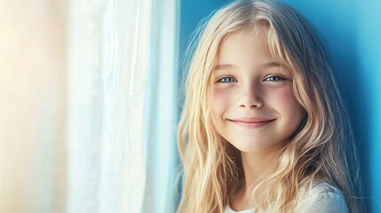 Cheerful long-haired girl exudes joy, vibrant energy radiates in a creative moment.