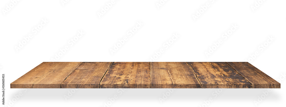 Poster rustic wood shelf with empty space. old board isolated on white background