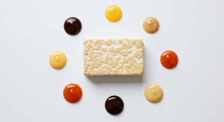 Tempeh Block with Colorful Sauce Circle on White Background Food Presentation