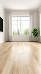 Soft sunlight filters through sheer curtains in a spacious room with a calming atmosphere, featuring a modern bed and greenery