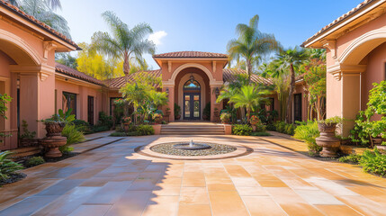 Obraz premium Elegant Luxury Home Entrance with Blue Sky and Outdoor Landscape, Soft Natural Lighting, Serene Composition