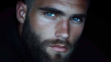 Obraz premium Close-up portrait of a man with a beard and striking blue eyes. Intense gaze