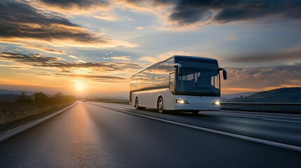 Tourist bus driving on highway, scenic road trip transportation for travel, sightseeing, and group tours
