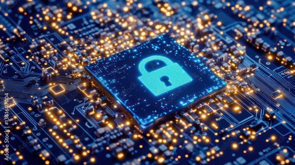 Poster digital lock icon on circuit board. possible use cybersecurity illustration