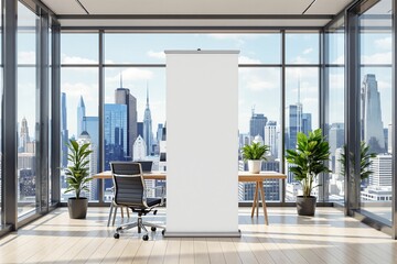 Contemporary office interior with glass walls, wooden floor, desk, chair, and plants. A blank roll-up banner stands in front of a panoramic city skyline. Ai generative