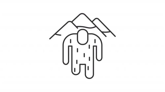 Animated yeti icon. Ape like creature walking against mountains line animation. Nepalese mythology character. Black illustration on white background. HD video with alpha channel. Motion graphic