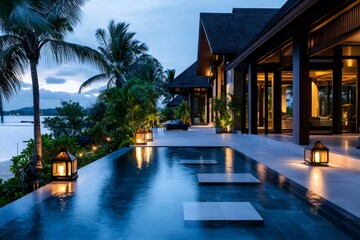 Fototapeta premium Luxurious infinity pool overlooking tropical ocean at dusk with lanterns illuminating patio