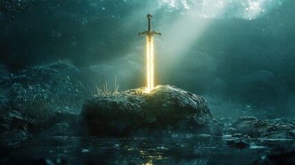 Naklejka premium Sword radiating light from a rocky pedestal in a mystical cave with ethereal fog