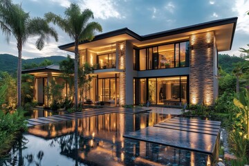 Obraz premium Modern luxury villa reflecting in tranquil pond at dusk