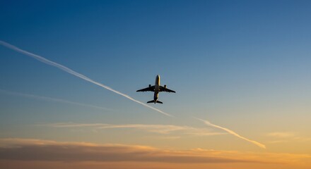 Obraz premium 夕焼け空を滑るように飛ぶ飛行機 美しいシルエット